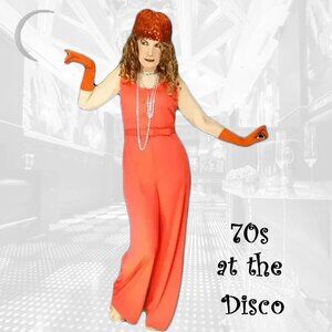Disco Jumpsuit Orange Knit Wide Legs & Original Belt 70s Vintage